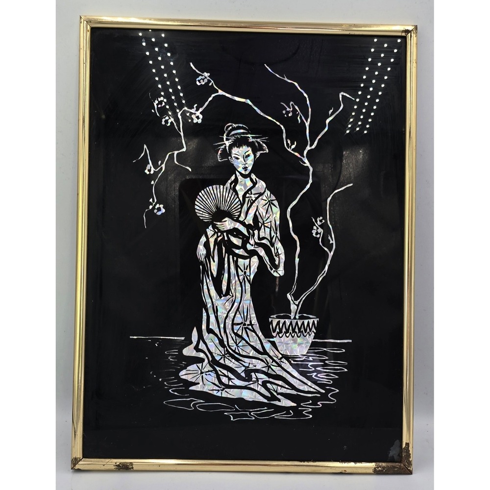 Vintage Holographic Foil Geisha Wall Art Japanese Kimono Iridescent Gold Frame R
